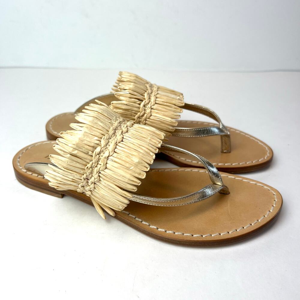 Musa London Metallic Leather & Raffia Thing Slides Slip-On Sandals Sz 9